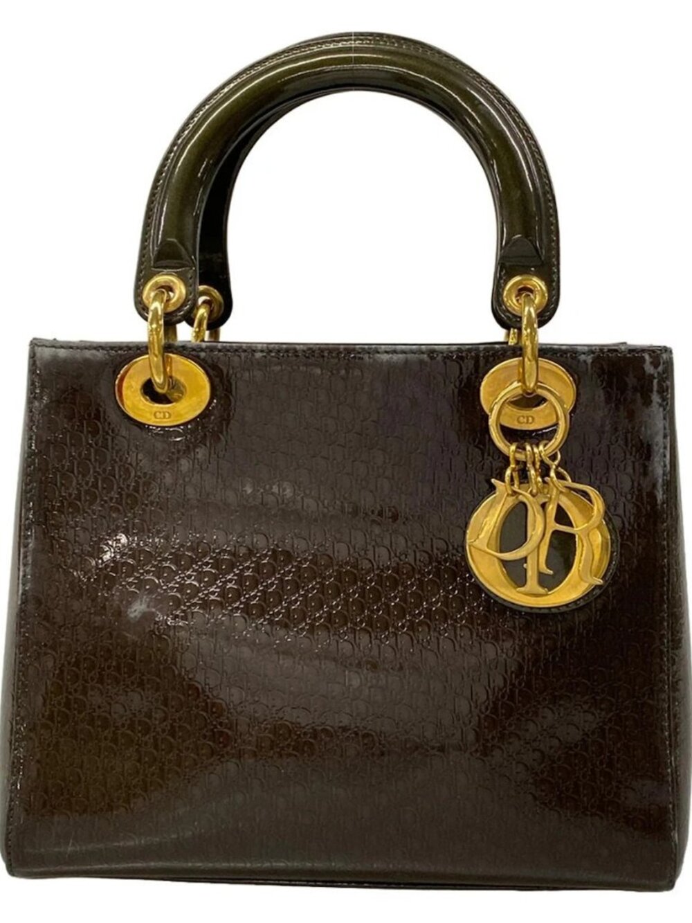 DIOR/ChristianDior Lady Dior Medium Bag Dark Brown Patent Leather Handbag
